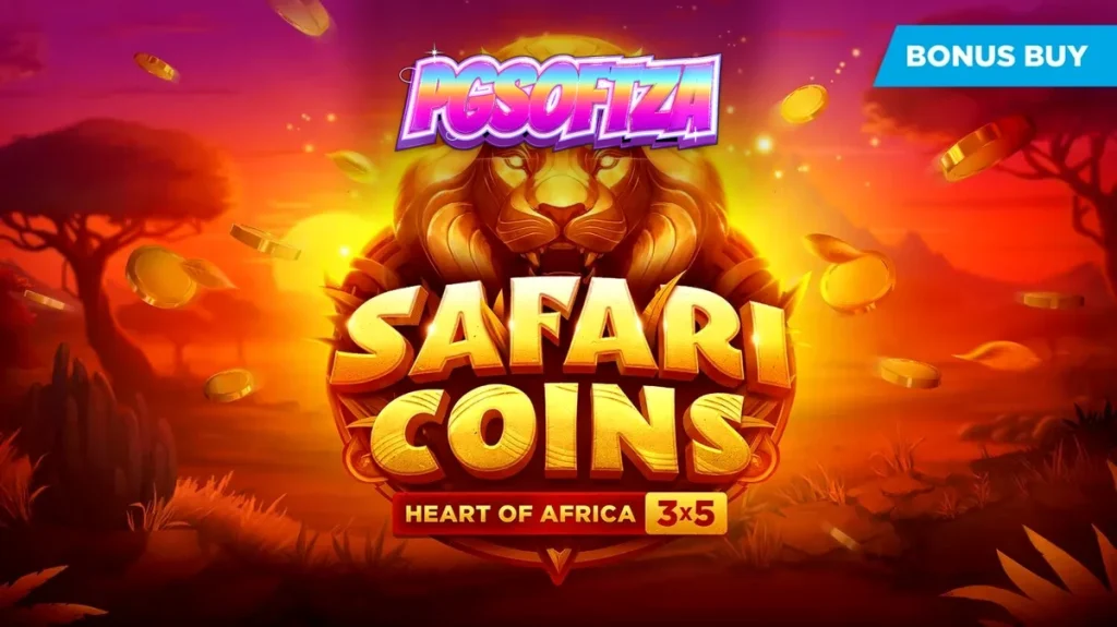 Tampilan visual slot Safari Coins dengan latar belakang sabana Afrika